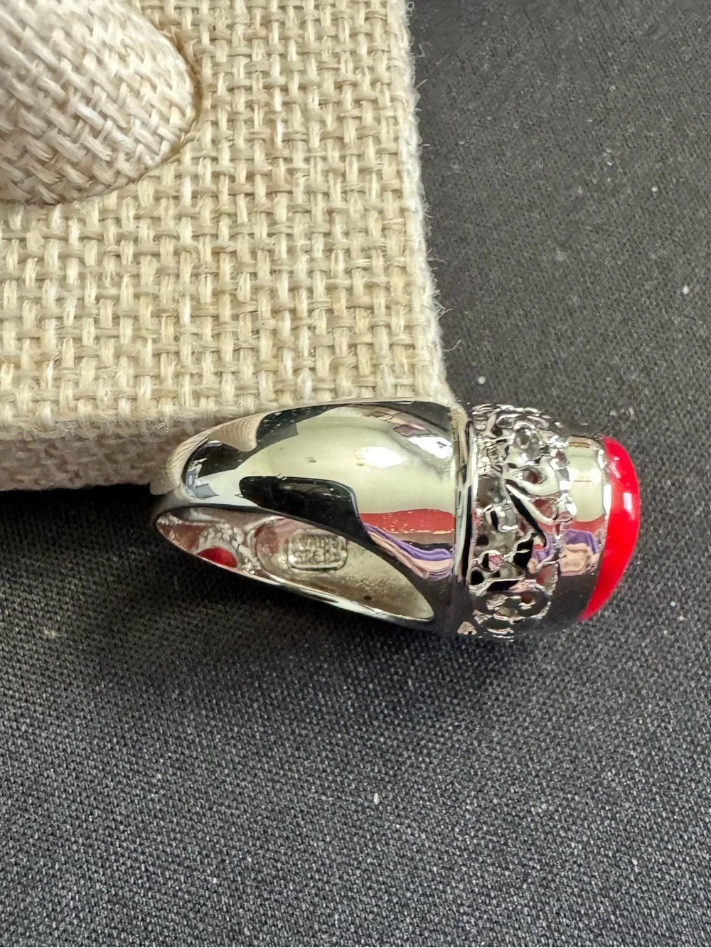 Red Coral Oval Cabochon Stone Ring w/ Sterling Filigree Design Surrounding Stone